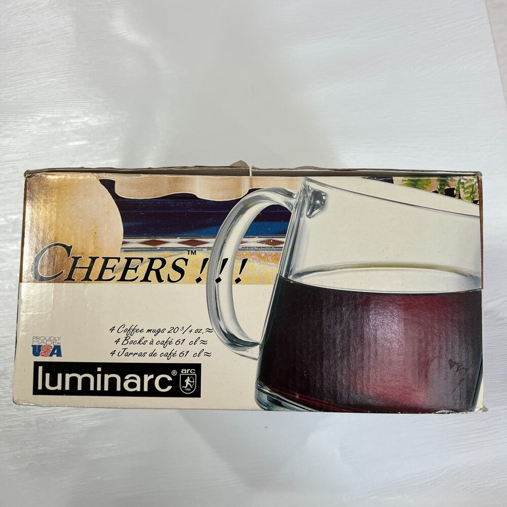 Luminarc Cheers 20 oz Glass Coffee Mug Set of 4 Clear USA NEW IN BOX HEAVY